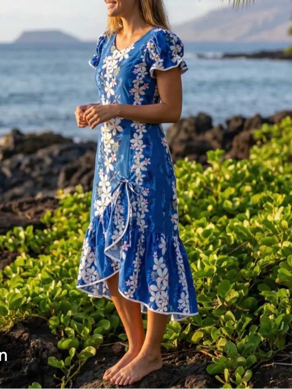 Two Palms Ruffle midi Dress Plumeria puff Sleeves floral blue high low vintage L